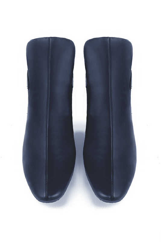 Navy blue women's ankle boots with buckles at the back. Round toe. Medium block heels. Top view - Florence KOOIJMAN